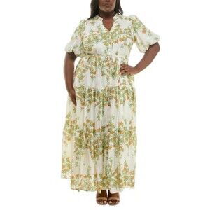 Taylor Plus Sz 16W Floral Split Neck Puff Sleeve Maxi Dress Ivory Sunset Orange